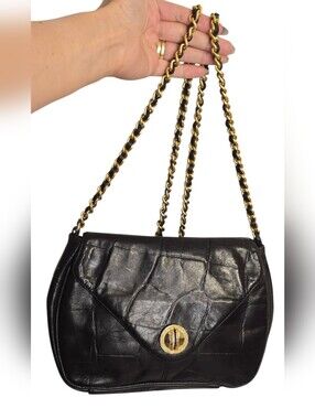 Genuine Black Leather Chain Crossbody Bag with Gold Hardware